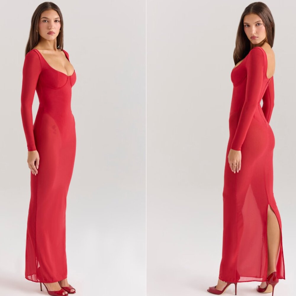 House of CB Everly holly red mesh maxi dress with bodysuit - Picture 2 of 6